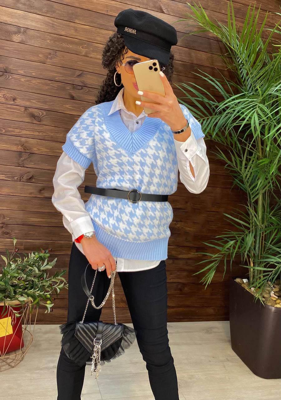 Жилетка вязаная женская с принтом гусиная лапка р. 42-48 Голубой (2273)