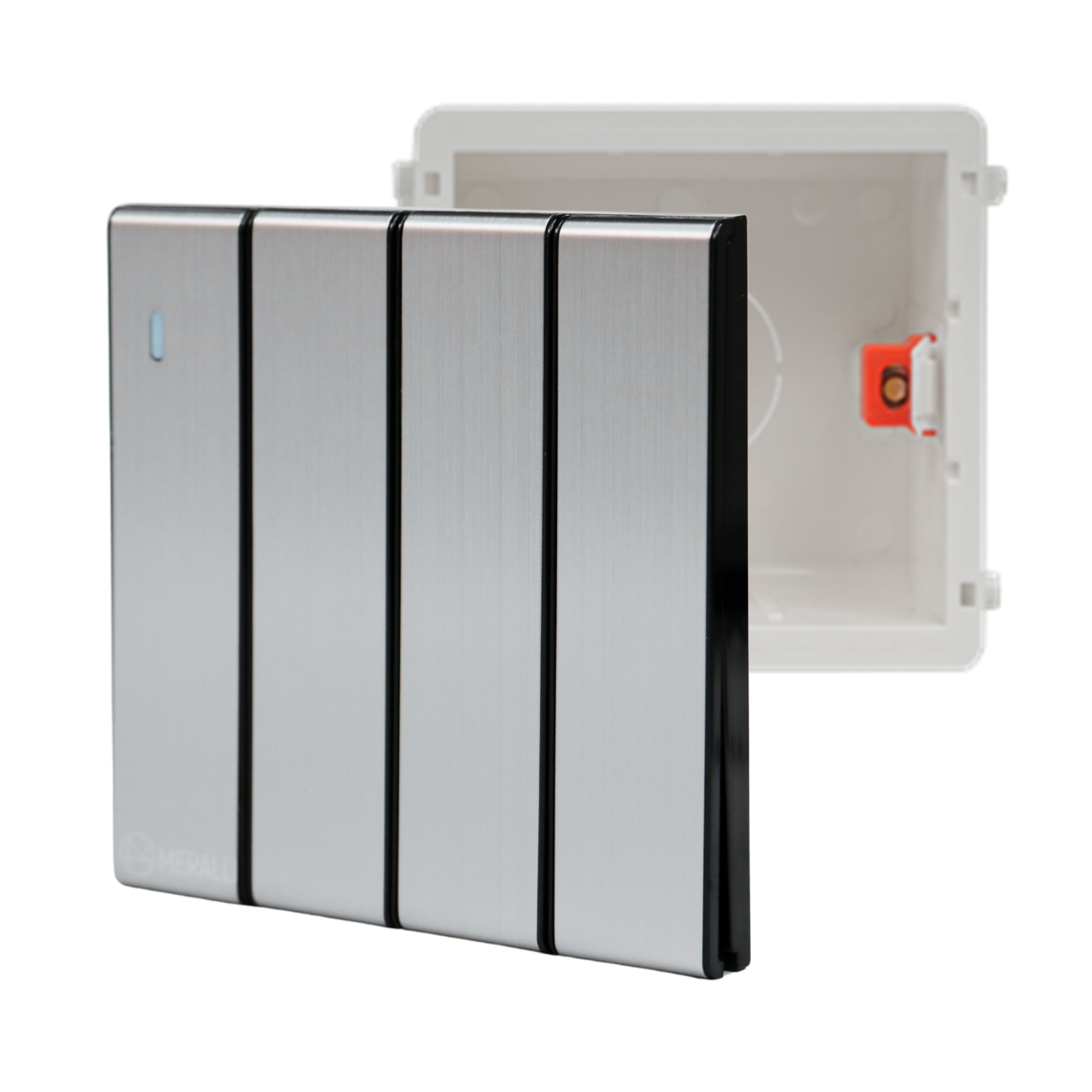 Комплект вимикач прохідний 4 клавішний MERALLI INOX безрамковий/квадратний підрозетник MERALLI горизонтальний Білий