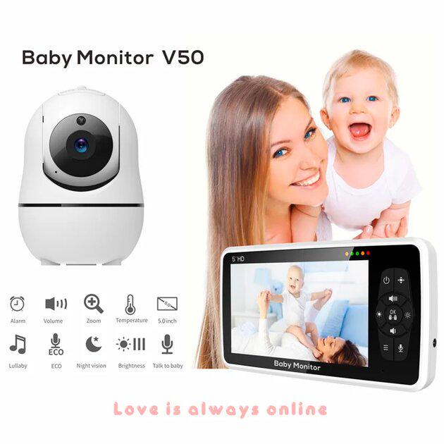 Відеоняня Baby Monitor SM-50 з 5-дюймовим LCD монітором/ датчиком звуку/нічне бачення/бездротова/поворотна з портативним дисплеєм та вимірюванням температури - фото 5