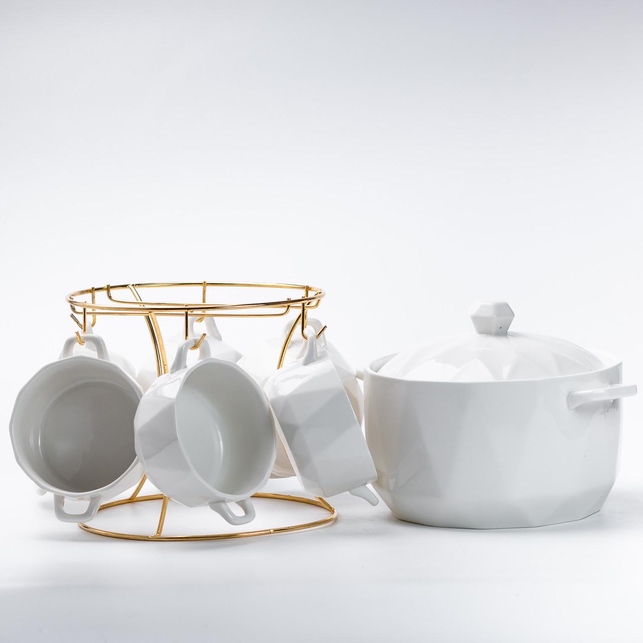 Столовий сервіз суповий на 6 персон на металевій підставці Білий - фото 2