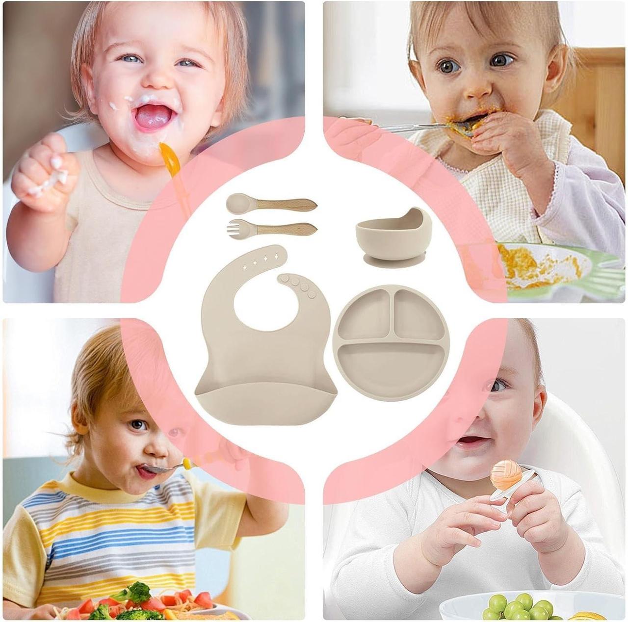 Дитячий набір посуду для годування 5в1 силіконовий Бежевий (Е051502) - фото 4