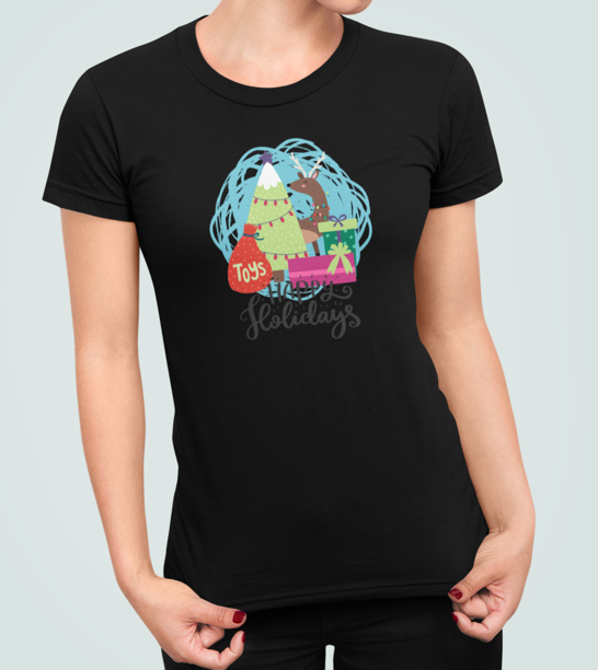 Футболка женская новогодняя Stedman с принтом Happy holidays елка подарки L Черный (НГ39.1-3)