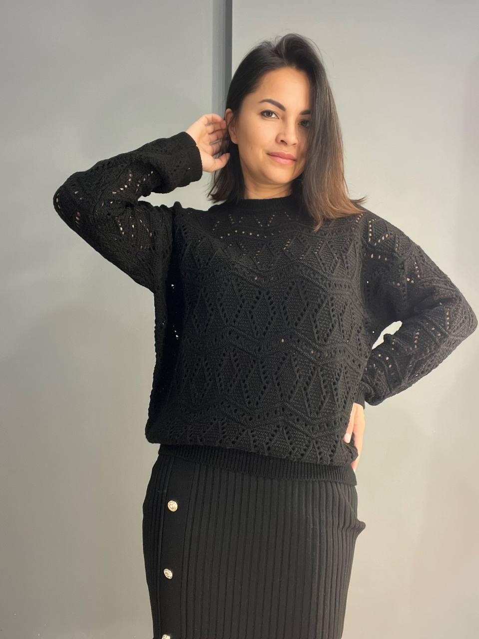 Светр жіночий MIX RAY 6772 ажурна в'язка сітка ромби OS Чорний (1184) - фото 8