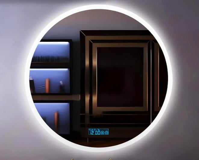 Зеркало для ванной комнаты настенное KAYFOVO круглое с LED подсветкой/сенсорной смарт панелью/подогревом/информационным дисплеем 59х59 см (334173) Зеркало для ванной комнаты настенное KAYFOVO круглое с LED подсветкой/сенсорной смарт панелью/подогревом/информационным дисплеем 59х59 см (334173)