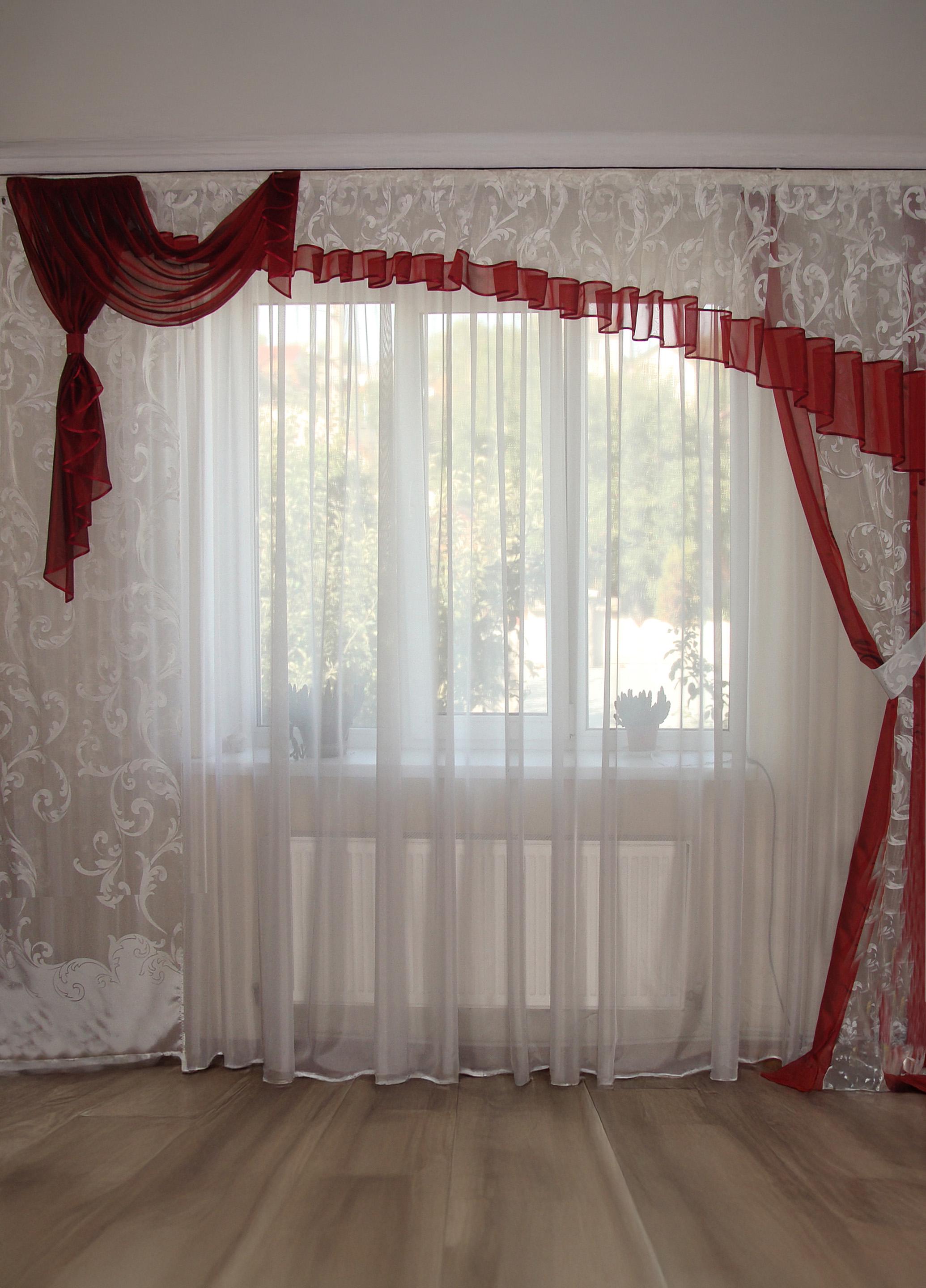 Ламбрекен із шторами Firanka Асиметрія Органза карниз 300 см Бордовий із молочним (40_1_3м)
