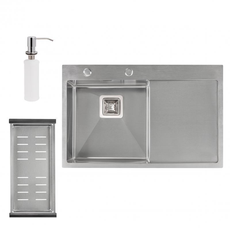Кухонная мойка Q-tap DK7850L 3,0/1,2 мм Satin и сушилка/дозатор для моющего средства (13979)