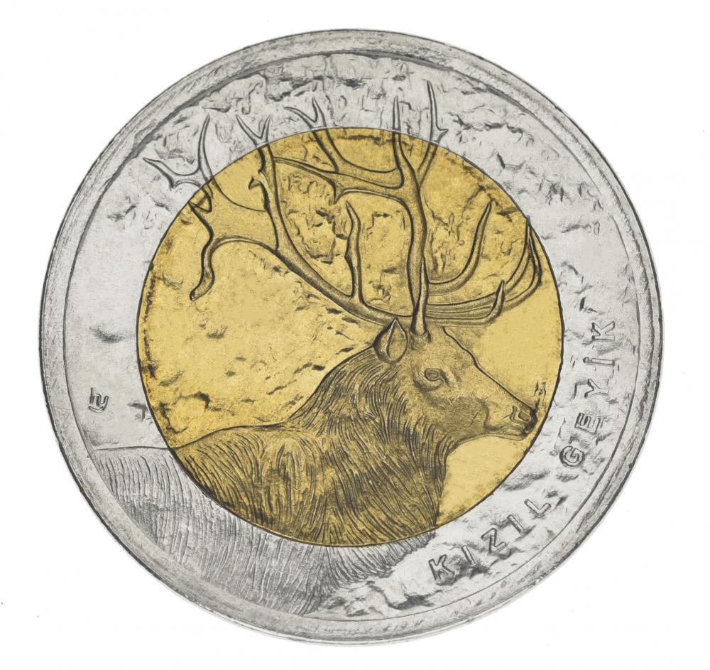 Коллекционная монета Турция 1 лира 2012 Биметалл «Фауна Турции Олень» UNC