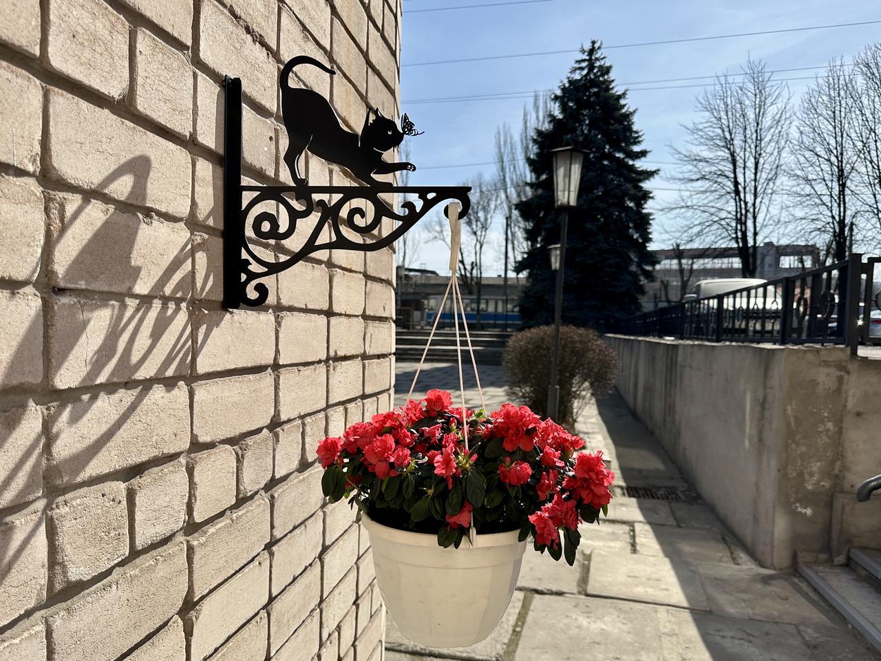 Кронштейн Кот с бабочкой для кашпо с цветами метал Черный (М010) - фото 4 Кронштейн Кот с бабочкой для кашпо с цветами метал Черный (М010) - фото 4