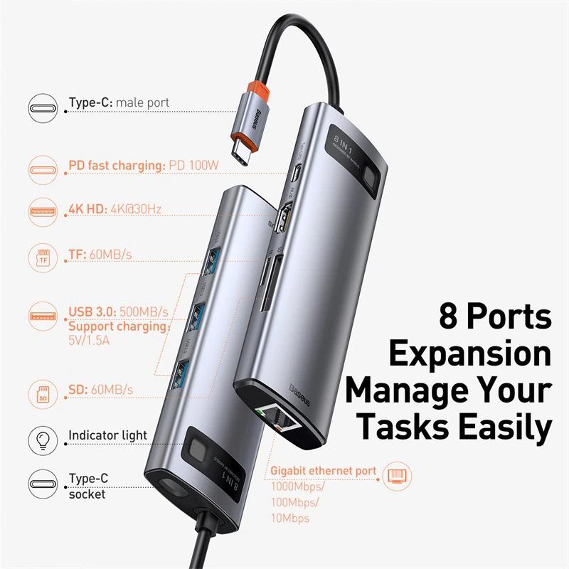 USB хаб BASEUS Metal Gleam Series 8in1 Multifunctional Type-C HUB Docking Station Gray (CAHUB-CV0G) - фото 4 USB хаб BASEUS Metal Gleam Series 8in1 Multifunctional Type-C HUB Docking Station Gray (CAHUB-CV0G) - фото 4
