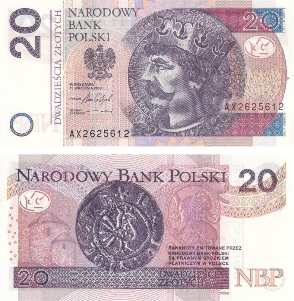 Коллекционная банкнота Польша 20 злотых 2016 UNC P184b (Б08542)
