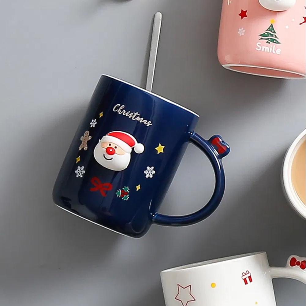 Чашка новогодняя с крышкой и ложкой Санта керамика 360 мл Синий - фото 6