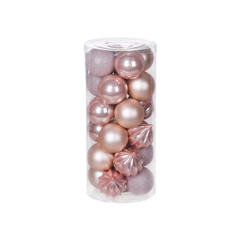 Набір ялинкових куль рельєф перламутр/перламутр/матові та гліттер 6 см 24 шт. Рожевий (2771151029) - фото 1