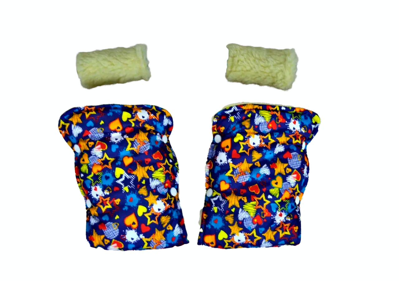 Муфта и перчатки для коляски/санок меховые Сердечки и звездочки Синий/Желтый (63-75-63)