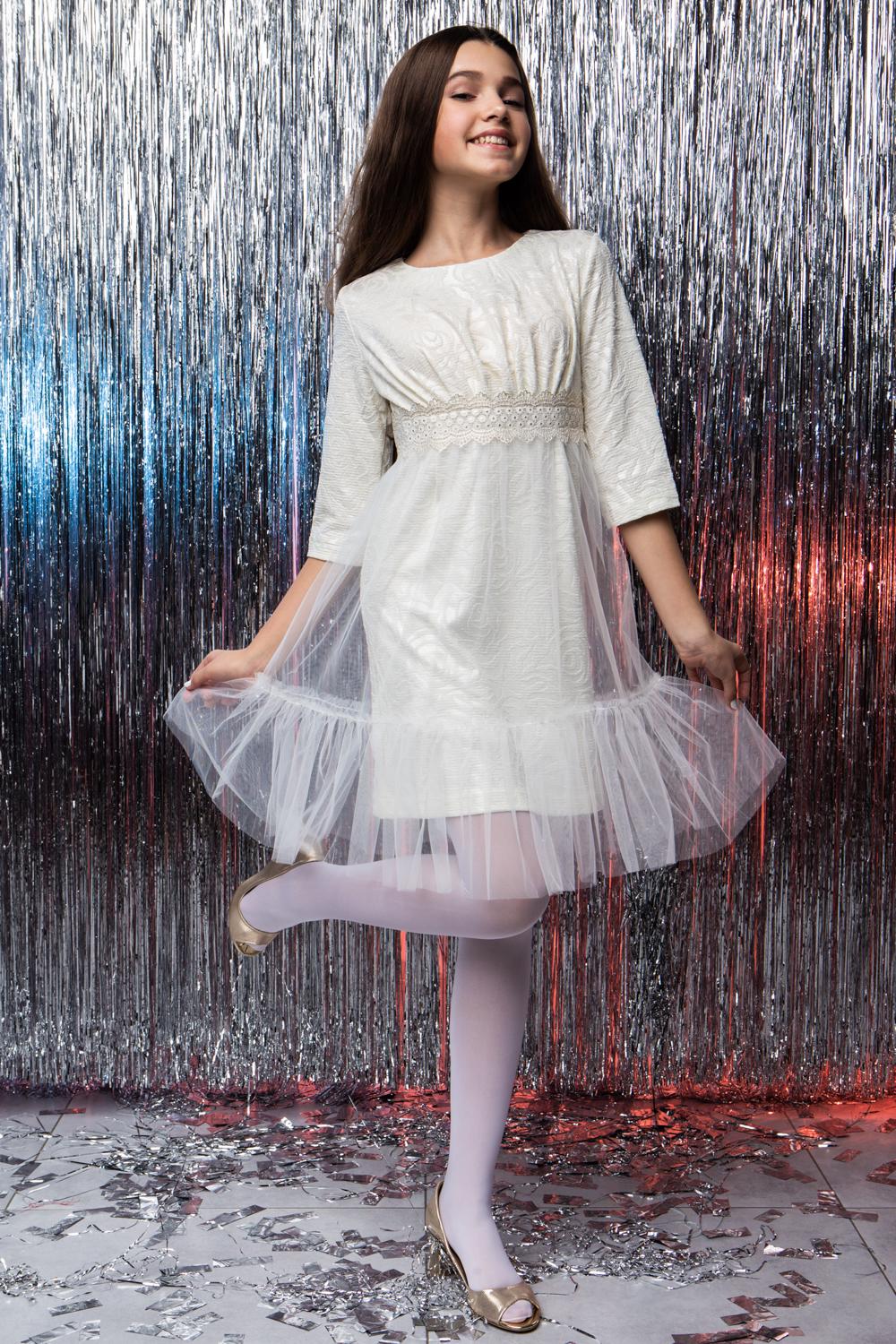 Платье на девочку подростка трикотажное с фатином Diва 152 см Молочный (304)