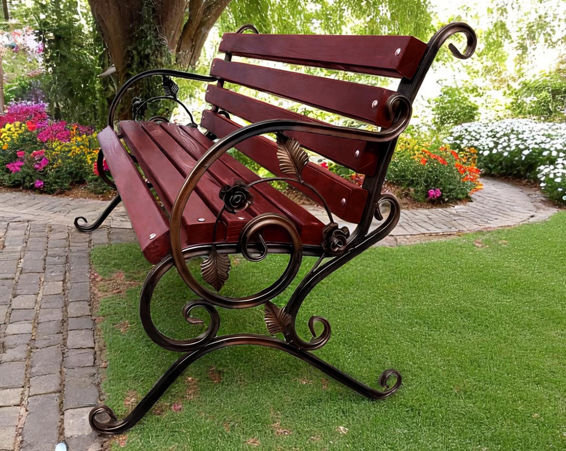 Скамейка садовая кованая Tobi Sho Камелия с подлокотниками 150 см Махагоний - фото 2