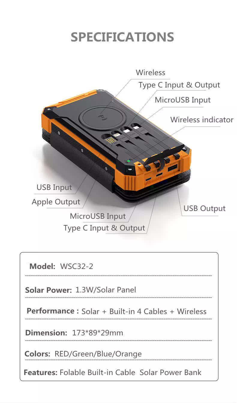 Павербанк с солнечной панелью Wireless Solar Power Charger 6 Panel VHG WSC32-2 20000 mAh Brown - фото 3