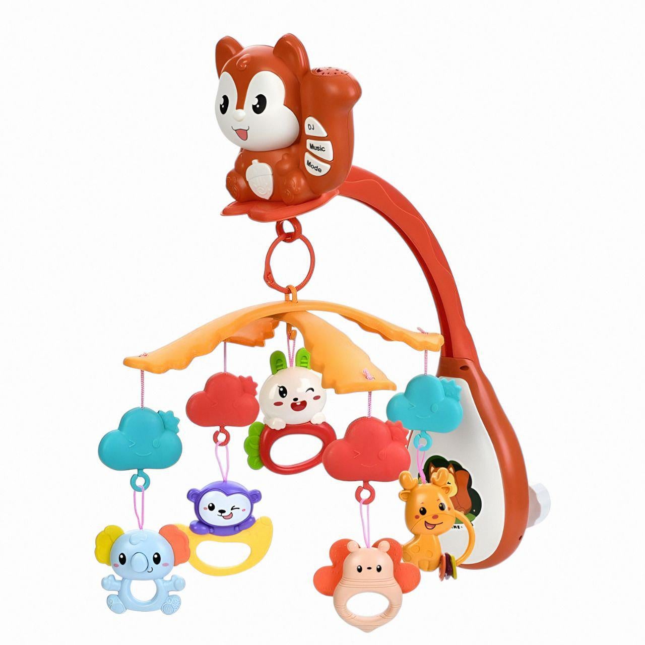 Карусель на кроватку 668-38N с 5 подвесными игрушками-погремушками белка/животные/с пультом и музыкой (27228522)