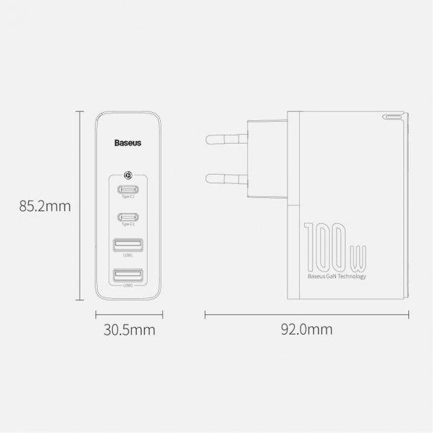 Зарядное устройство Baseus GaN2 QC4.0/PD3.0 100 W/5 A Type-C 1 м Black (CCGAN2P-L01) - фото 12