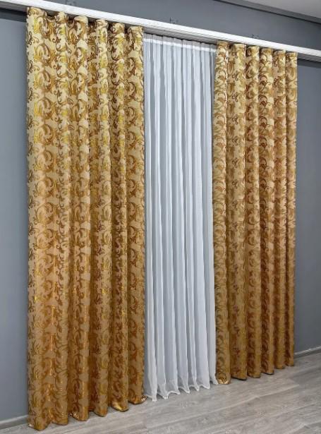 Ткань для штор жаккард Завиток 1,45 м Бежевый/Золотистый (1641ш) - фото 3