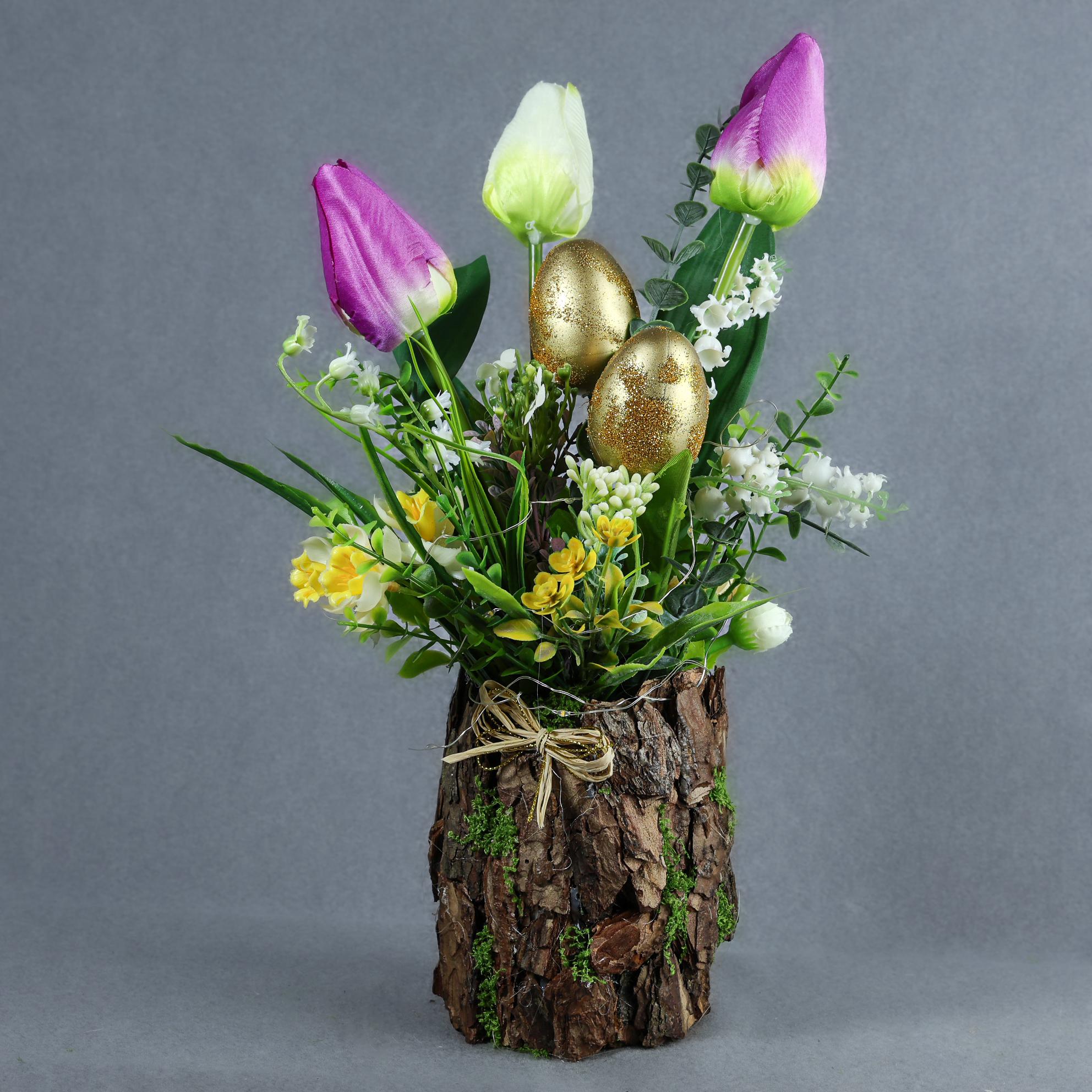 Пасхальная композиция GALA DECOR в кашпо из натуральной коры с сиреневыми тюльпанами 30 см