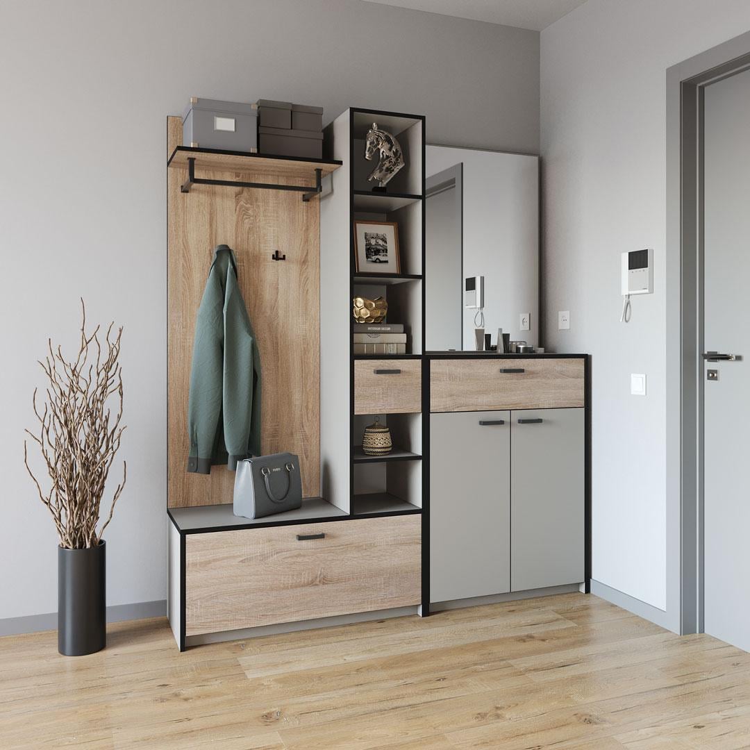 Передпокій Moreli KO-0002 з дзеркалом/гачками та штангою для одягу 1690х1880х380 мм Кашемір/Дуб сонома (27687745)