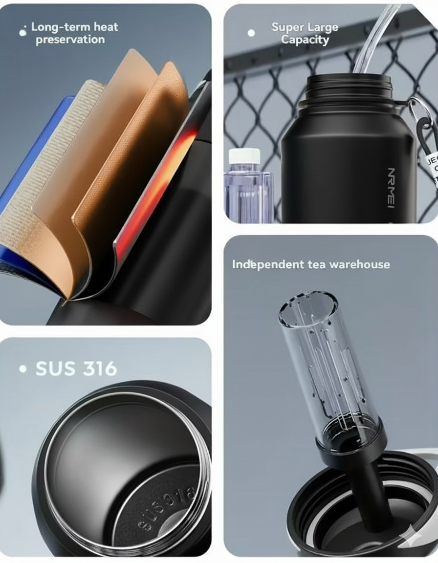 Термос NRMEI з нержавіючої сталі 316 герметичний не містить BPA 1000 мл Чорний (2817358959) - фото 7 Термос NRMEI з нержавіючої сталі 316 герметичний не містить BPA 1000 мл Чорний (2817358959) - фото 7