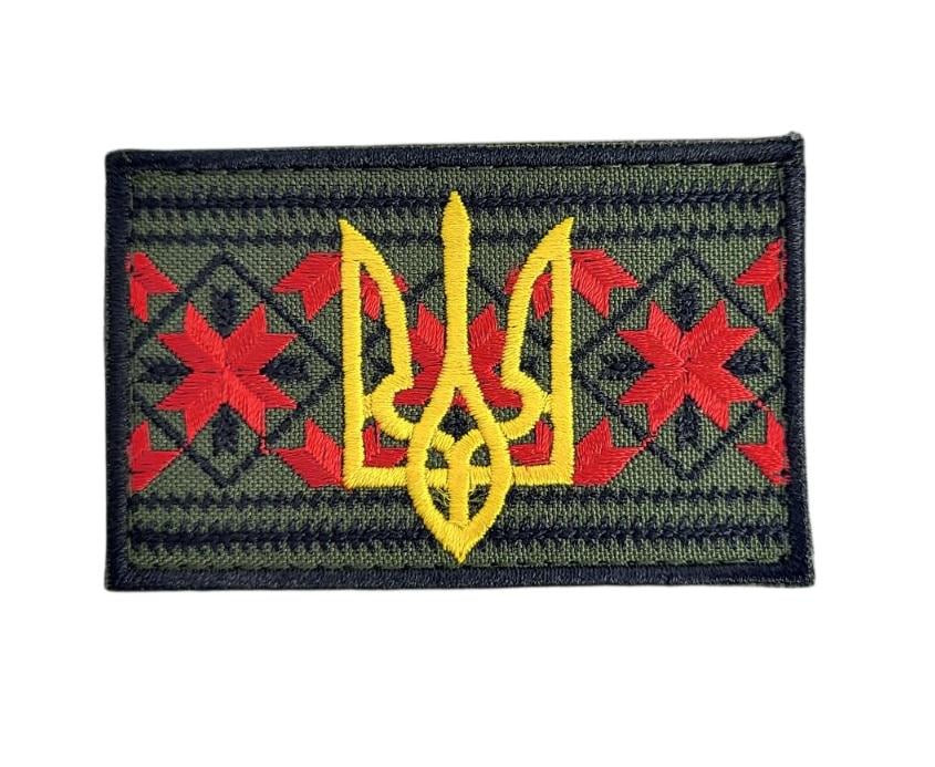 Шеврон Флажок Вышиванка с трезубцем 8х5 см Олива (15224)