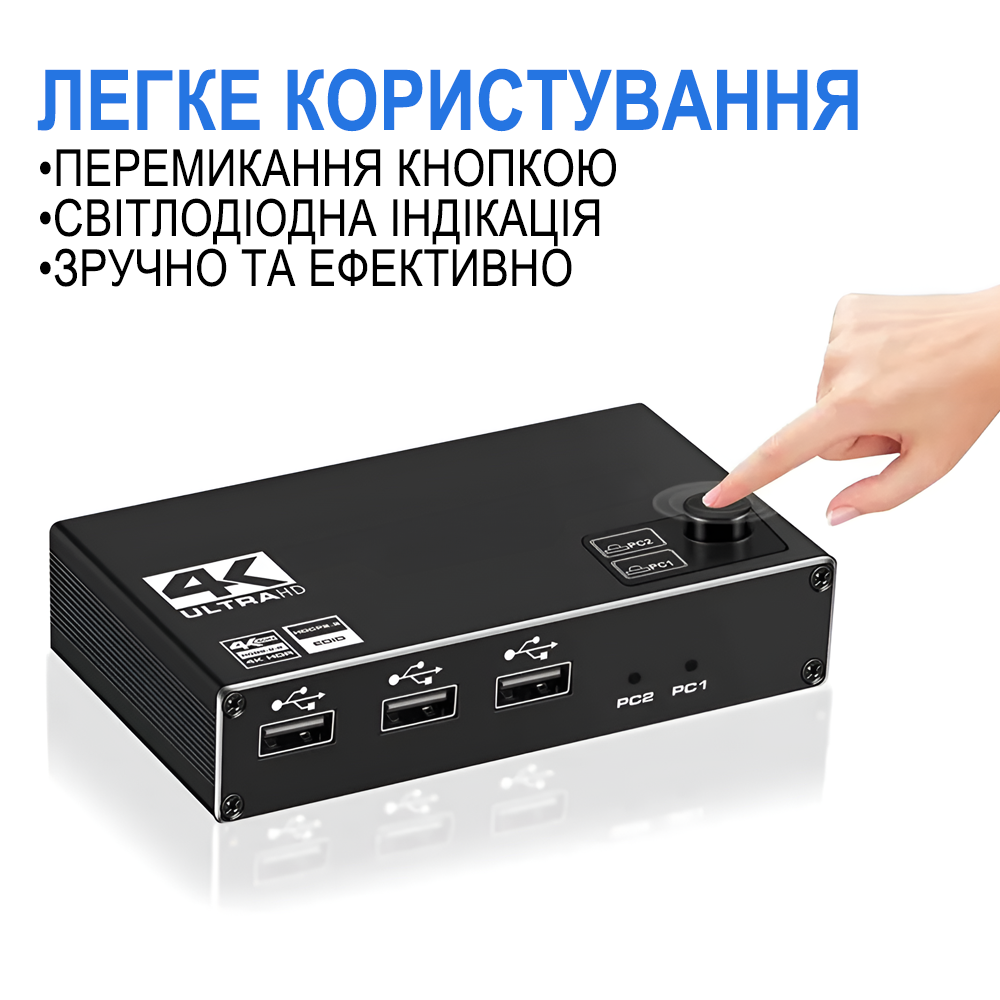 Переключатель KVM на 2 компьютера Addap KVMS-01 2 USB HDMI 4K 60Гц - фото 4 Переключатель KVM на 2 компьютера Addap KVMS-01 2 USB HDMI 4K 60Гц - фото 4