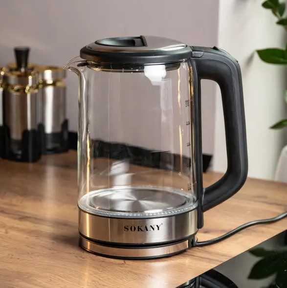Електрочайник скляний Sokany SK-09013 дисковий 2,5 л Сталевий - фото 6