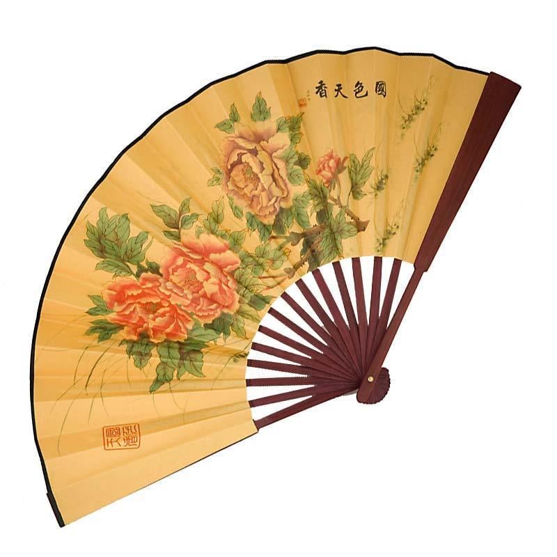 Віяло двостороннє Півонії 26х47 см Жовтий (4588a)