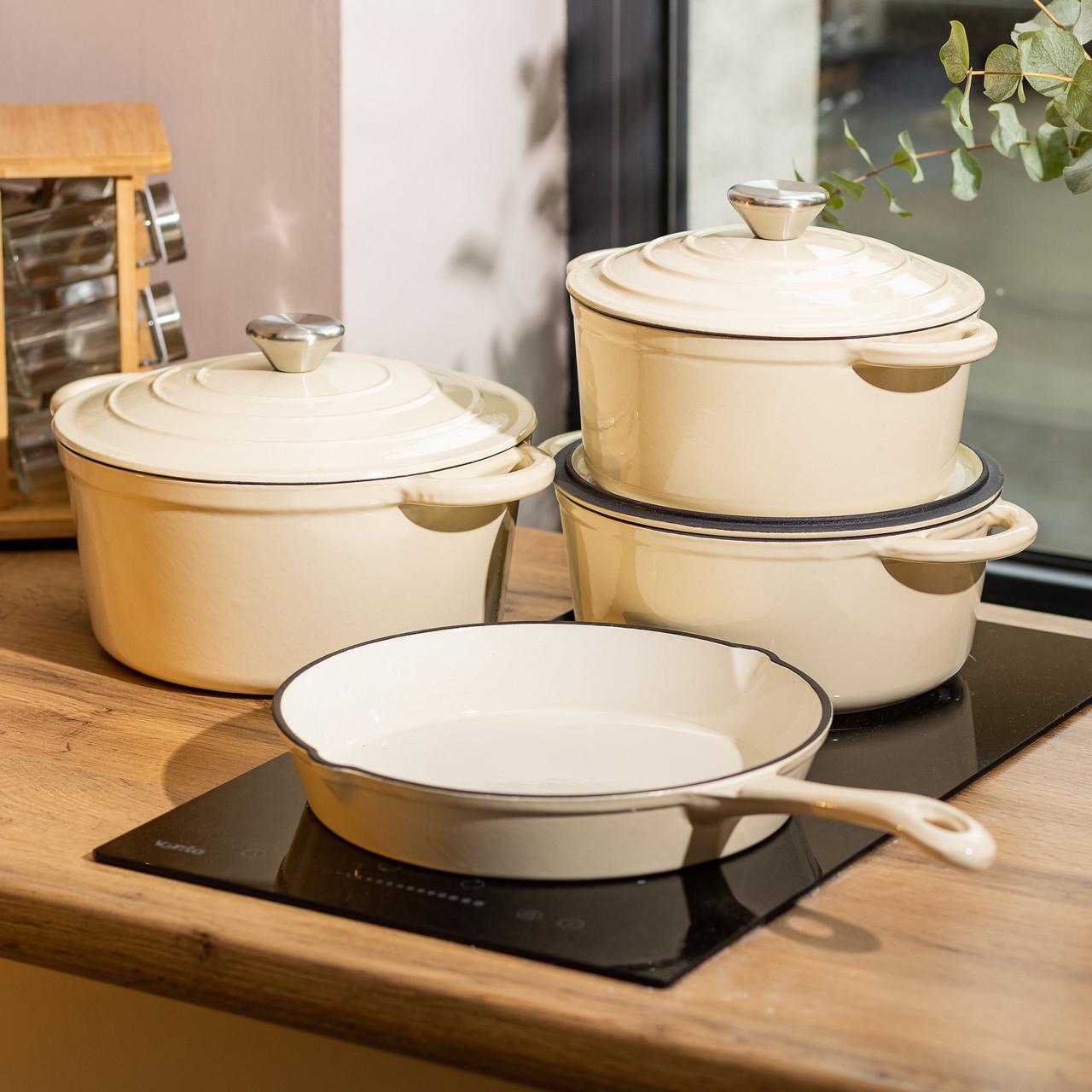 Набор чугунной посуды для приготовления с эмалированным покрытием сковорода/3 кастрюли Бежевый (6820) - фото 8