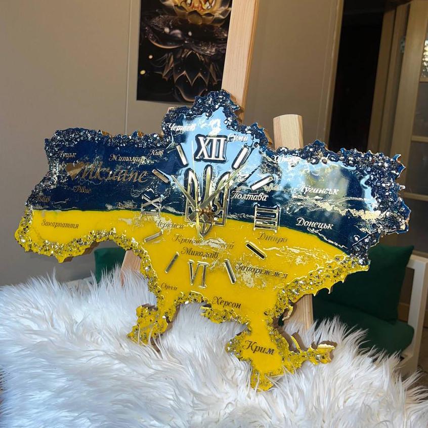 Часы настенные из эпоксидной смолы Карта Украины 50x32 см