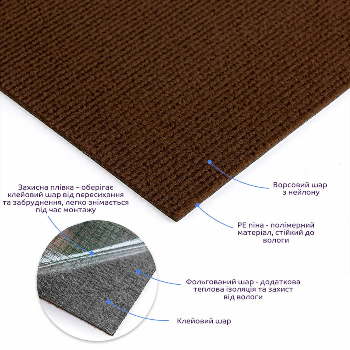 Ковролин плитка самоклеющаяся 600х600х4 мм Темно-коричневый (SW-00001127) - фото 5