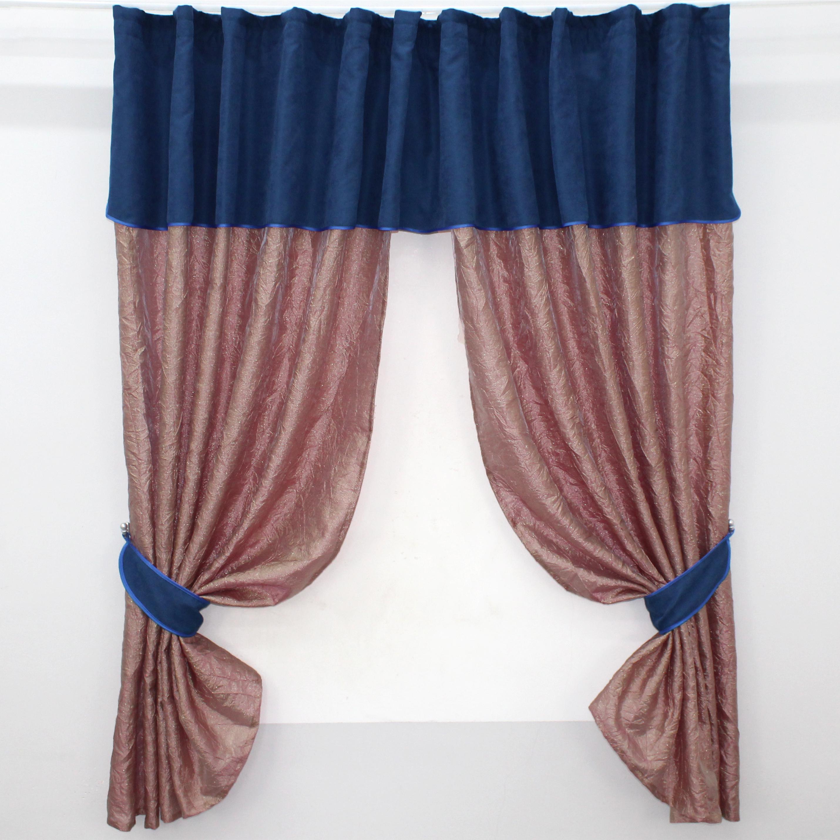 Шторы кухонные VR-Textil № 073к с ламбрекеном и подхватами 290х170 см Розовый/Золотистый/Синий (52-0377)