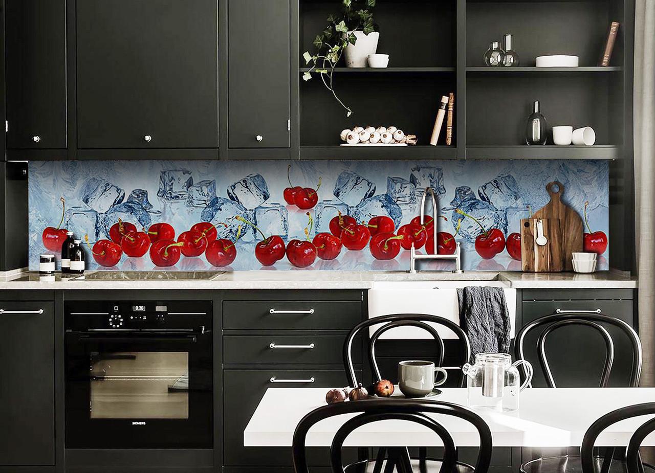 Кухонный фартук Спелые вишни из самоклеющейся виниловой пленки 60х300 см Голубой