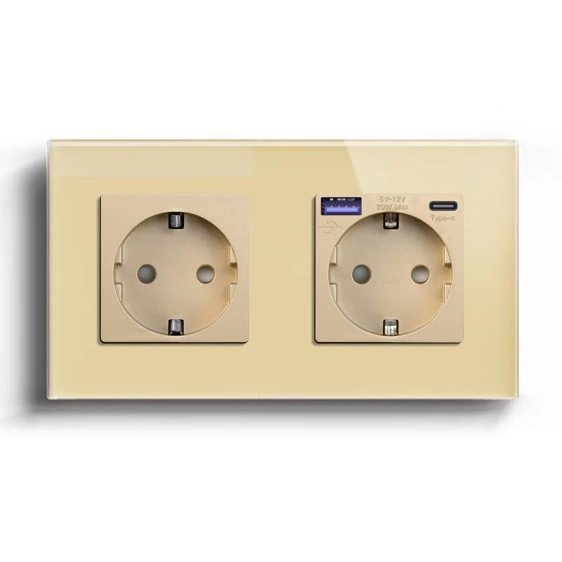 Розетка двойная LUXION с USB A+C 20Вт с заземлением/шторками 250В 16А стеклянная рамка Золотой (LX-M2FGAC-GD)