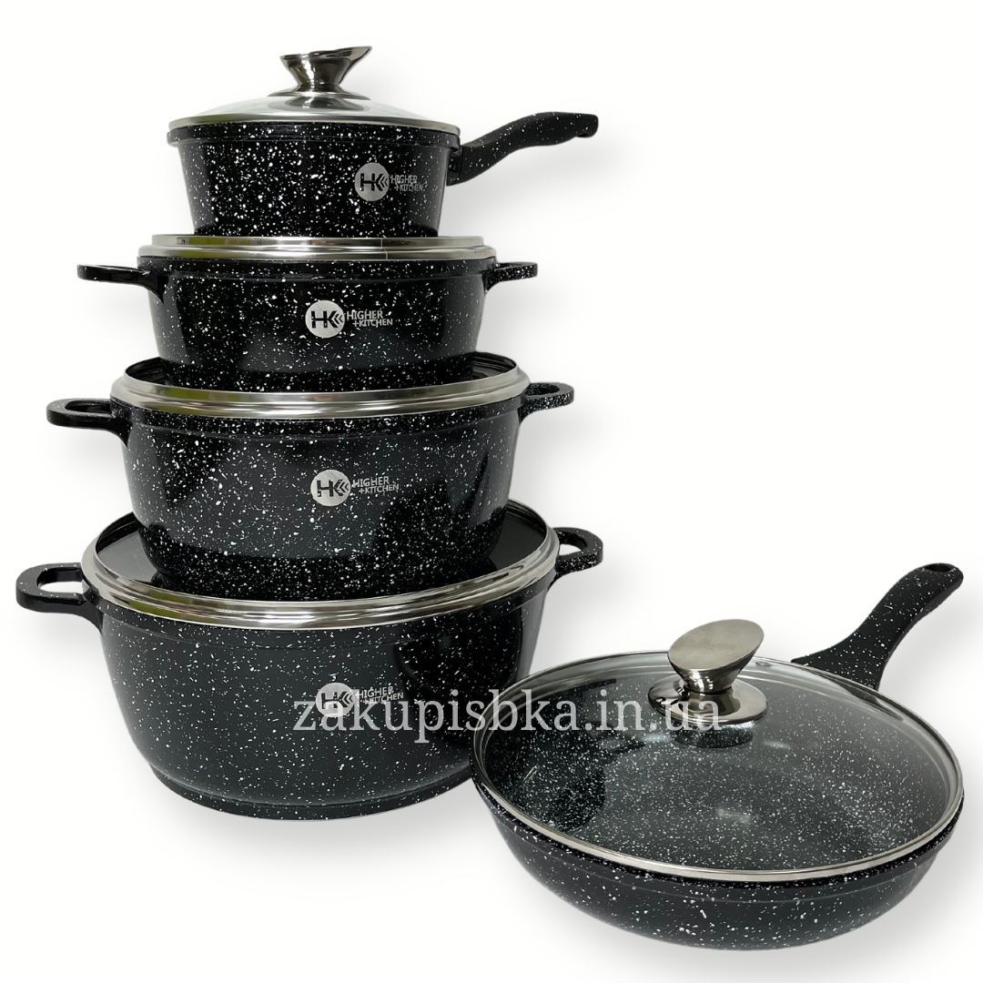 Набір посуду Higher Kitchen HK-305 з гранітним антипригарним покриттям 10 предметів Чорний (2480514383) - фото 4 Набір посуду Higher Kitchen HK-305 з гранітним антипригарним покриттям 10 предметів Чорний (2480514383) - фото 4