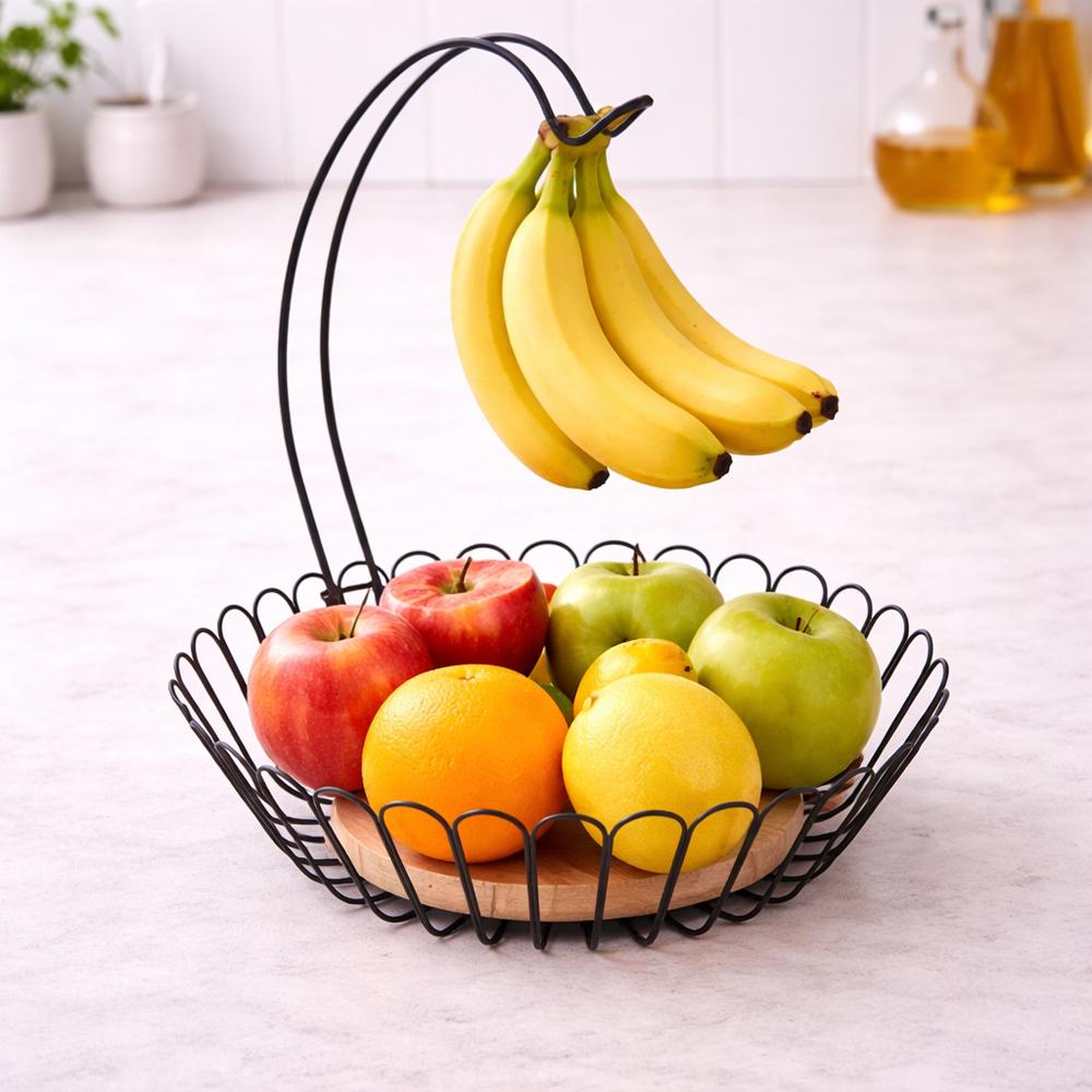 Корзина для фруктов с крючком для бананов круглая 30 см Черная