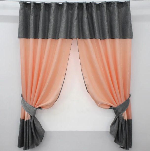 Комплект штор на кухню/балкон с ламбрекеном 270х170 см Персиковый/Серый (073к)