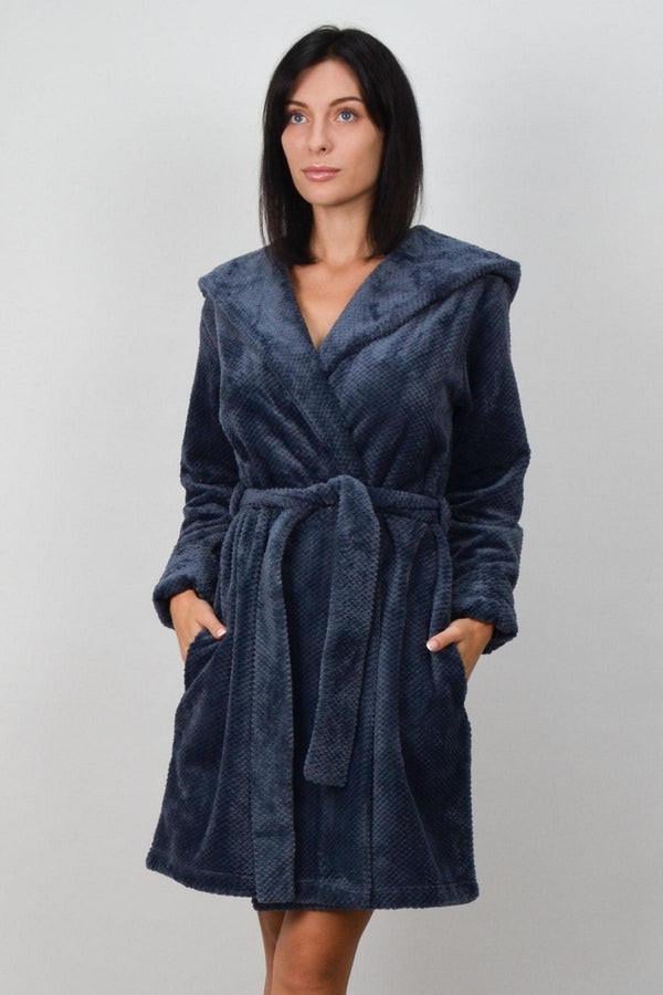 Халат женский Roksana короткий на запах с карманами и капюшоном веллсофт Темно-синий L Темно-серый (1426/90091) - фото 4 Халат женский Roksana короткий на запах с карманами и капюшоном веллсофт Темно-синий L Темно-серый (1426/90091) - фото 4