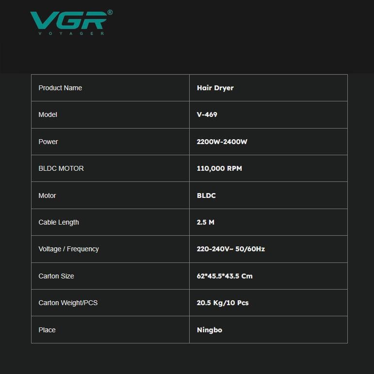 Фен VGR V469 2400 Вт з 2 насадками Чорний (30651777) - фото 3 Фен VGR V469 2400 Вт з 2 насадками Чорний (30651777) - фото 3
