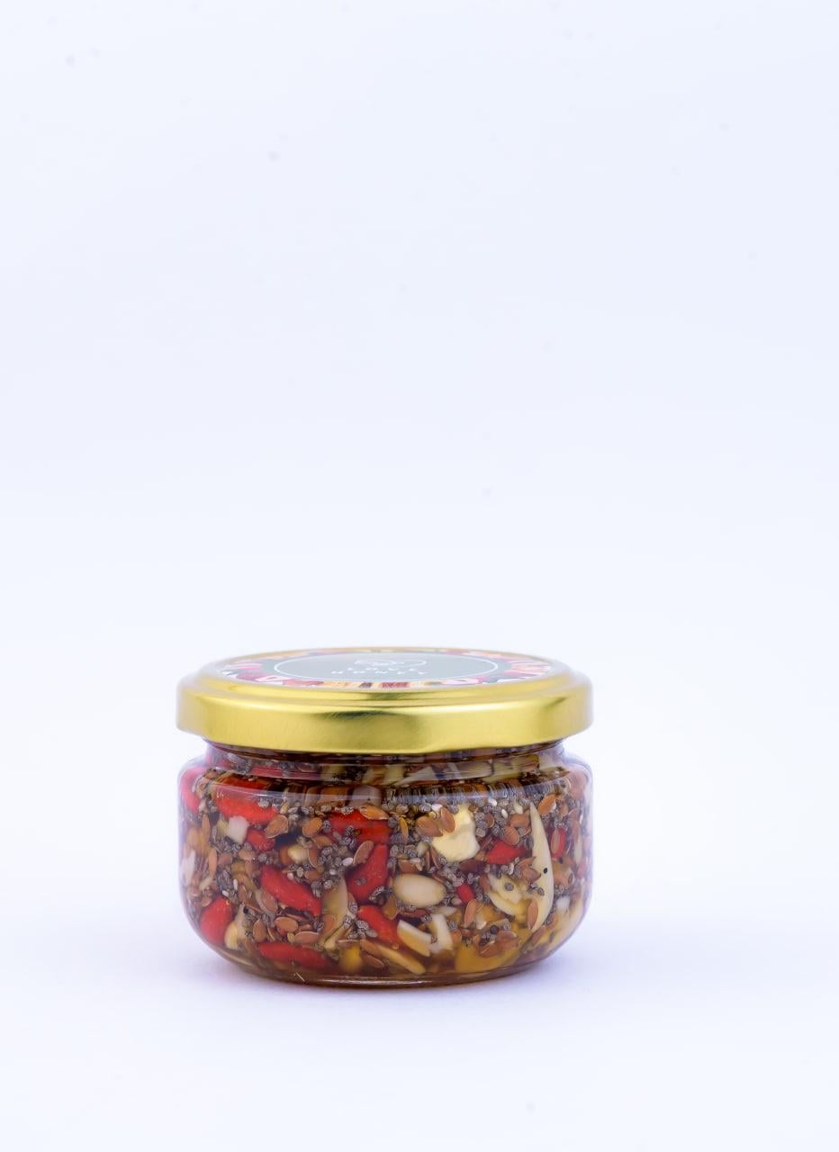 Горіхи LOVE HONEY Суперфуд кедровий горіх/мигдальні пластівці/ягоди годжі/насіння чіа/волоський горіх/насіння льону та травневий мед без цукру 140 г