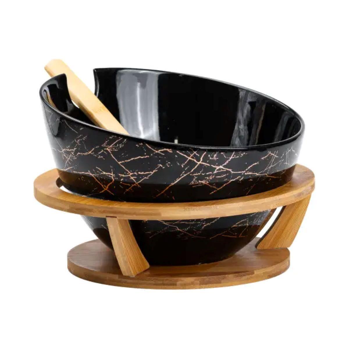 Салатница на бамбуковой подставке с ложкой HP1245 Ø 25 см Черный (A-032726)