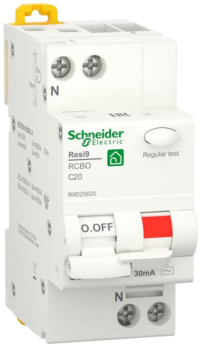 Диференційний вимикач Schneider Electric RESI9 1P+N 20A 30мA C тип АС (R9D25620) - фото 1