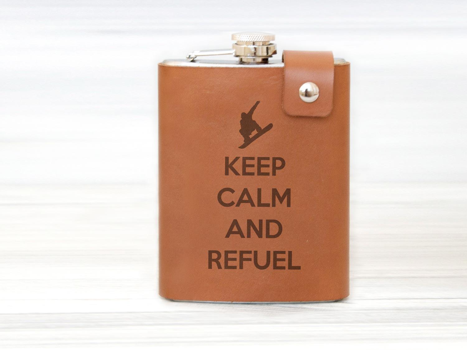 Фляга WoodPresentStudio Keep Calm and Refuel в коричневой коже 240 мл