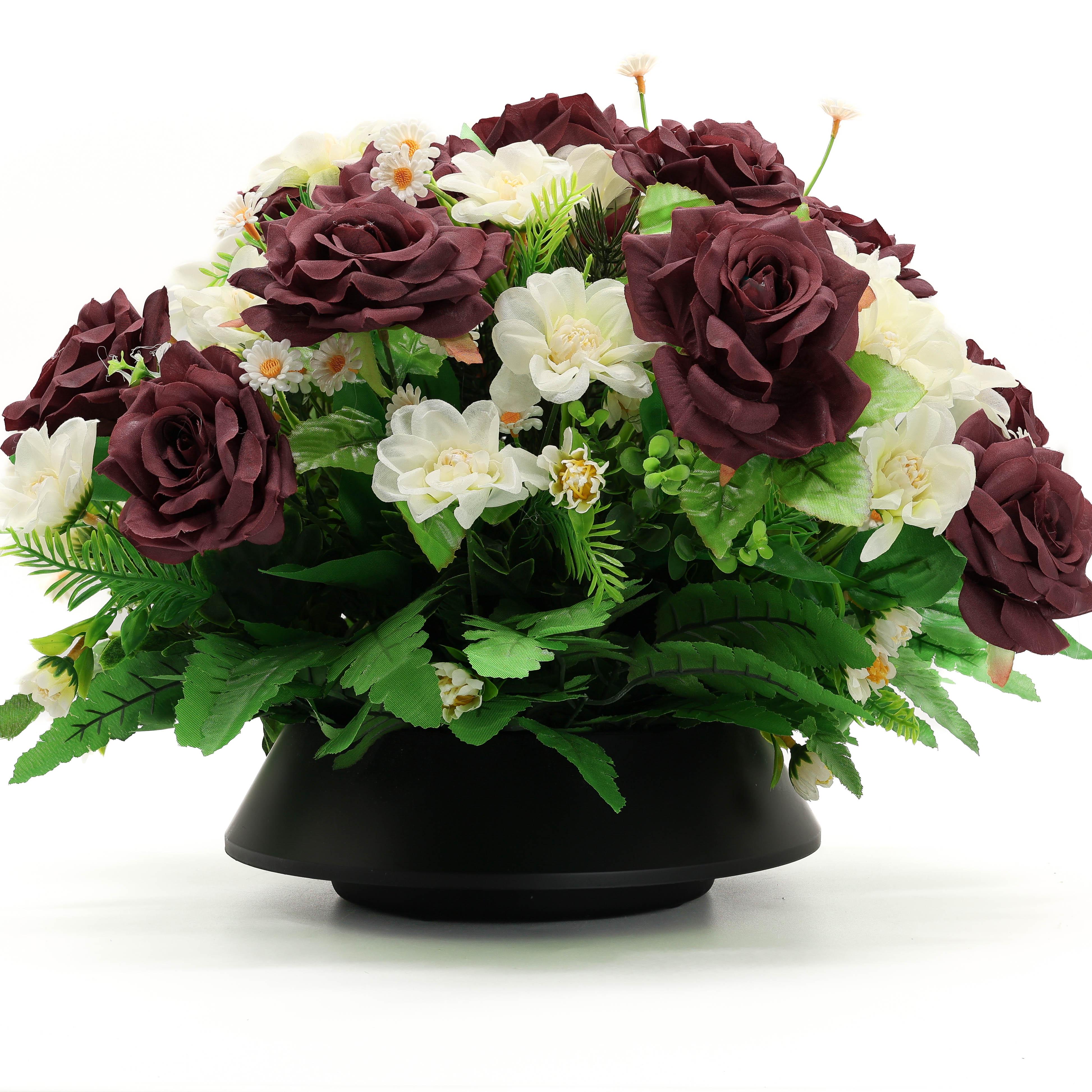 Композиція ритуальна GALA DECOR з 14 бордових штучних троянд та ромашок у кашпо 45х30 см
