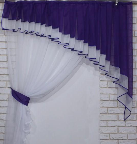 Занавеска на кухню тюль/ламбрекен шифон 200х170 см Фиолетовый/Белый (062к)