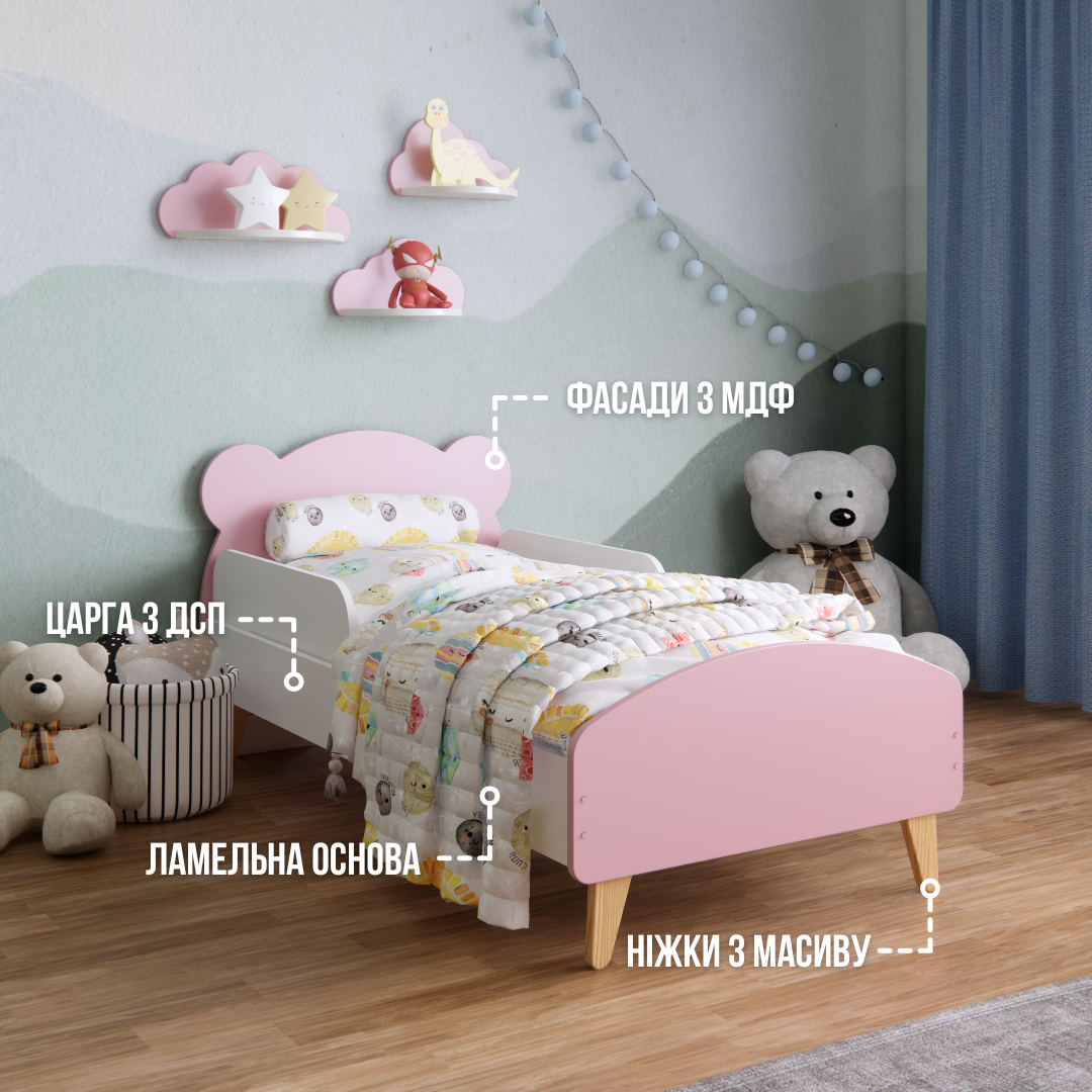 Детская кроватка Мишка с бортиками для детей 3-7 лет для девочек 140х70 см Розовый - фото 2 Детская кроватка Мишка с бортиками для детей 3-7 лет для девочек 140х70 см Розовый - фото 2