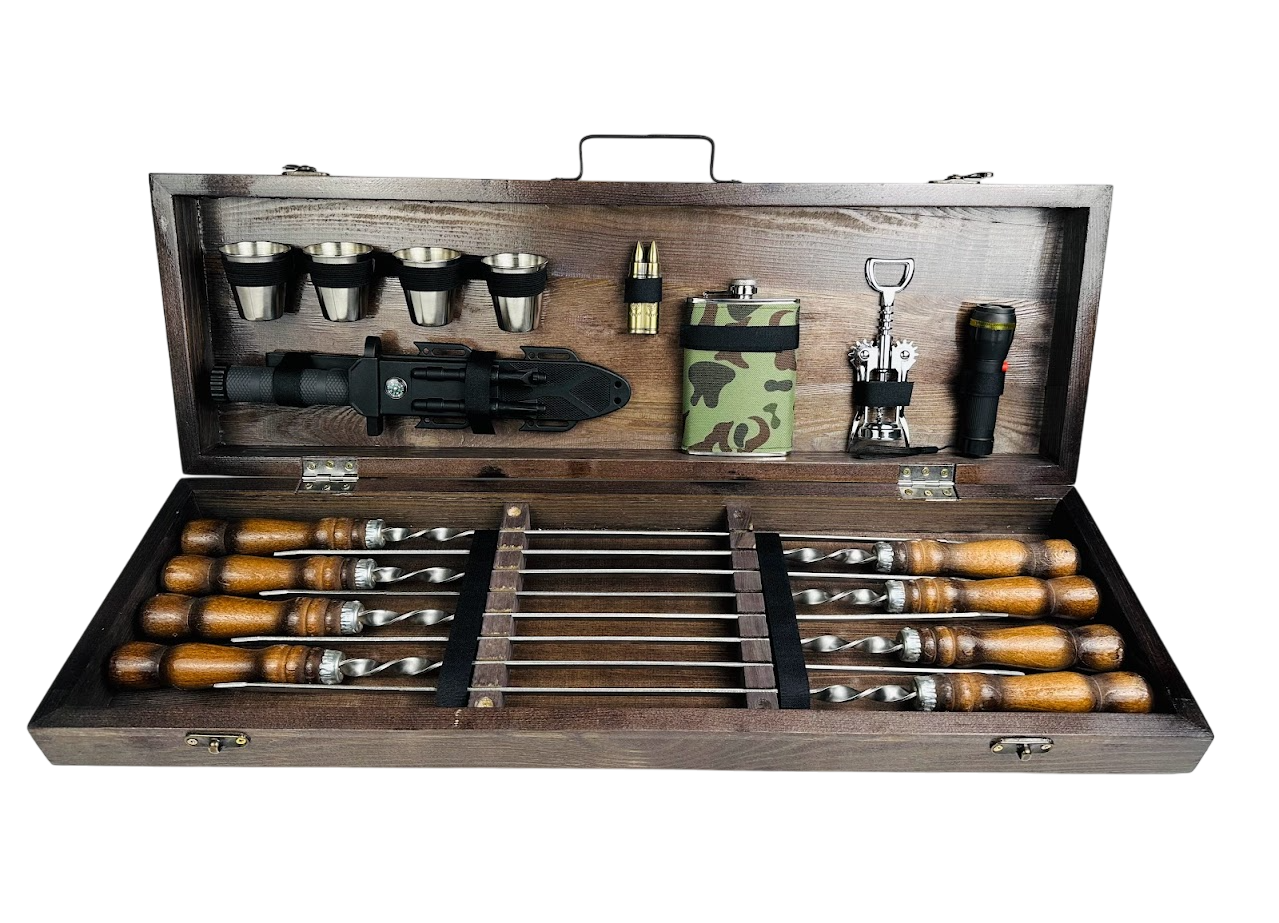 Набор шампуров ручной работы Милитари с аксессуарами 17 предметов в кейсе 74х24х10 см Коричневый (124-10-KS-7613)