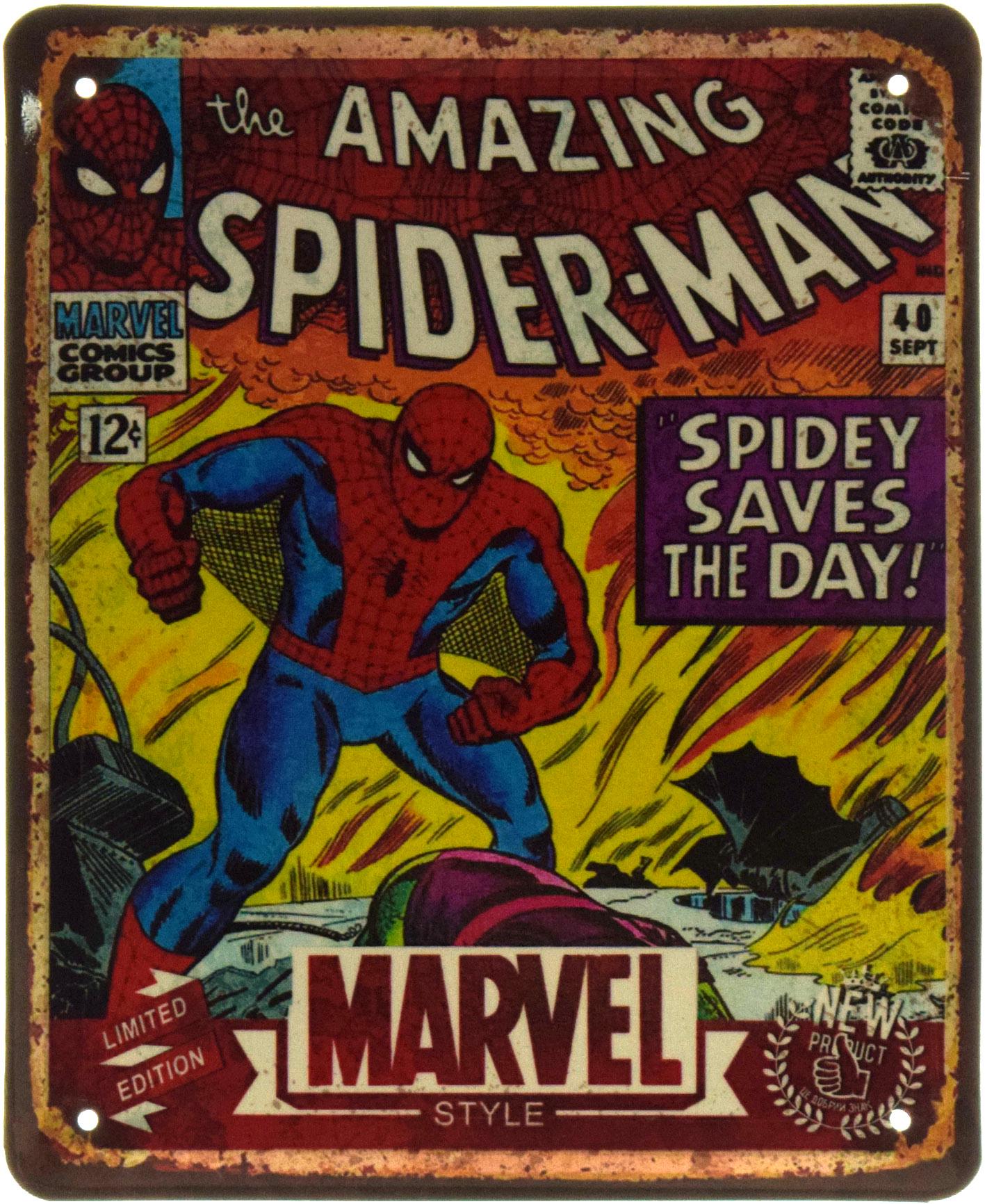 Табличка металлическая "The Amazing Spider-Man Spidey Saves The Day Marvel" 18x22 см (ms-103619)